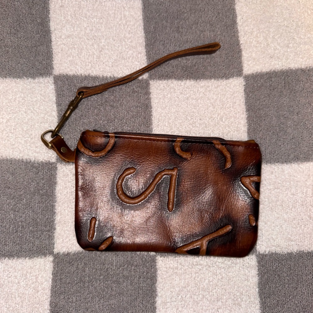 Brown Leather Wristlet Clutch